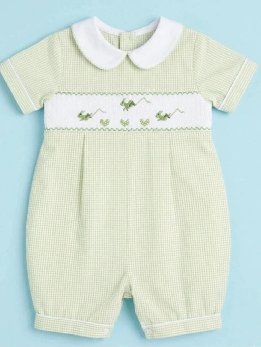 VTG Royal Child Smocked Seersucker Grasshopper Romper Bubble 24M Green Gingham